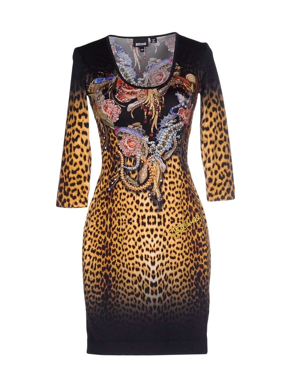 JUST CAVALLI Leopard Print Scoop Neck Bodycon Dress - Black & Gold